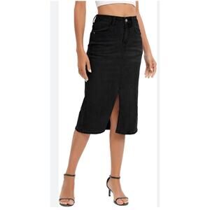 NWT Black Denim Midi Skirt with Front Slit M 100% Cotton- Capsule Closet